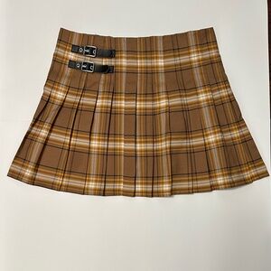 No Boundaries Tan Plaid Mini Skirt with Buckle Accents